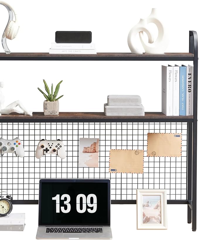 Desk Shelf, 45.3” Desktop Organizer Shelf with Grid Panel and Hooks, Desk Hutch for Computer Monitor, 2 Tier Desk Display Rack Wood Desktop Bookshelf Storage for Home Office Dorm