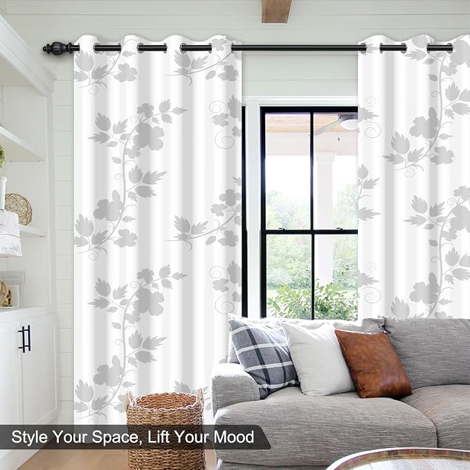 White Blackout Curtains 84 Inch Length 2 Panels Set, Light Grey Floral Thermal Insulated Window Black Out Bedroom Curtains, Soundproof Room Darkening Blackout Curtains for Bedroom and Living Room