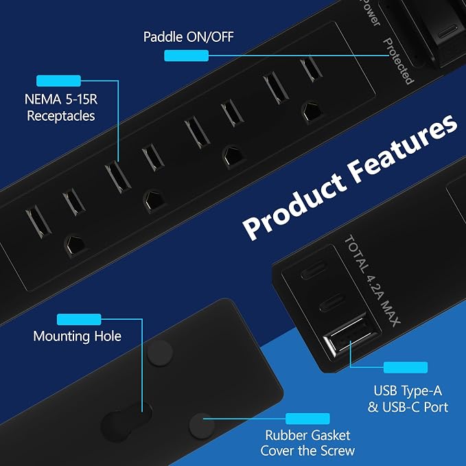 LIDER Outlet Extender with 4 Receptacles, USB-A & 2 USB-C, 45 Degree Angle Ultra-Thin Flat-Plug, 4-Outlet Power Strip, Surge Protector 1500 Joules, 5ft Cord, 1250W, ETL Listed, Matte Black
