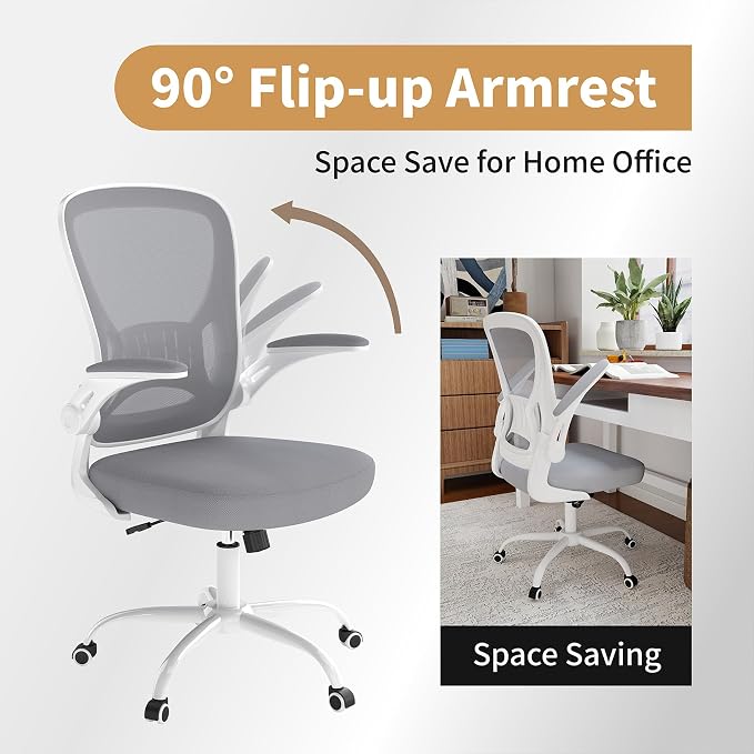 Youhauchair Adjustable Mesh Ergonomic Office Chair with Wheels, Grey | Flip-up Arms, Lumbar Support, Home Desk Chair, Height Adjustable, Breathable, Mid Back Swivel Compurter Chair, Set of 1