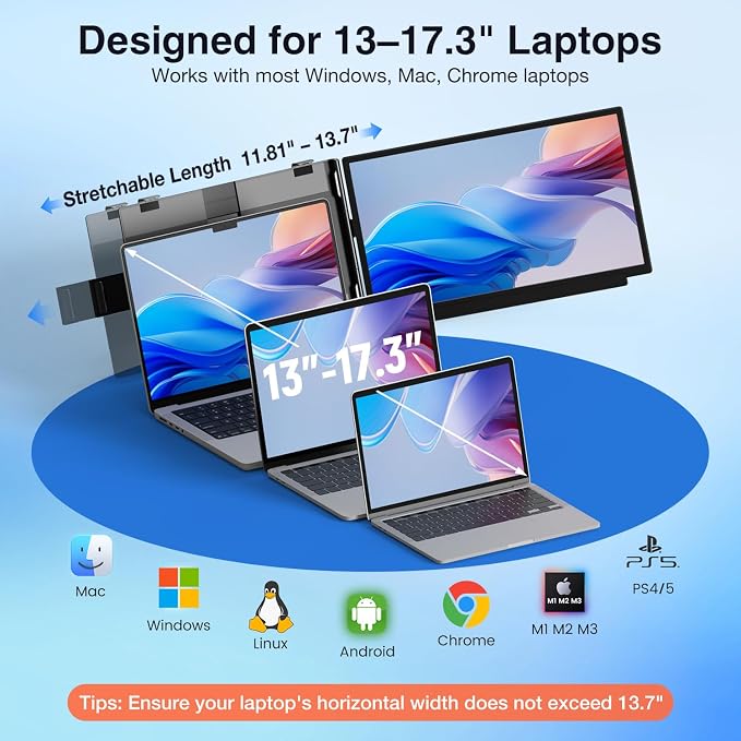 FLYTOCCA Laptop Screen Extender, 15.6" 1080P FHD IPS Display, Detachable Second Monitor Supports Vertical Mount, Plug & Play, Laptop Monitor Extender for 13"-17.3" Laptops, Windows, Mac, Chrome