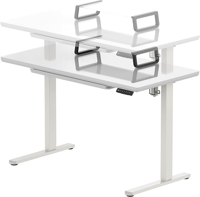 SHW 48-Inch Glass Electric Height Adjustable Standing Desk, White | w/ Monitor Riser | Memory Presets and Cable Management | Drawer with Built-in Compartments | Hanging Hooks