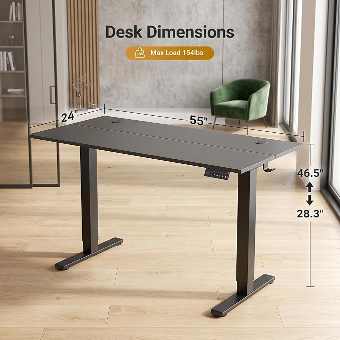 Claiks Electric Standing Desk 55x24 Inch Adjustable Desk, Black | 156lbs weight capacity, 3 memory presets, industrial steel frame, cable management hub, adjustable height , easy assembly