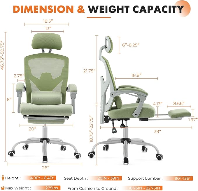 Sweetcrispy Office Computer Desk Chair, Ergonomic High-Back Mesh Rolling Work Swivel Chairs with Wheels, Comfortable Lumbar Support, Comfy Arms for Home, Bedroom, Study, Student, Green