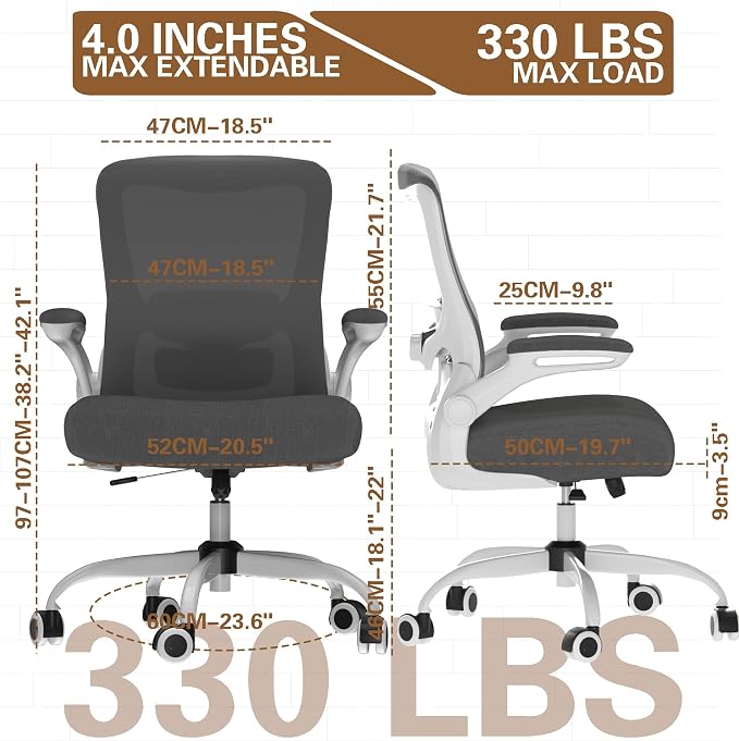 Ergonomic Office Chair for Long Hours, Adjustable Padded Lumbar Support for Lower Back Relief, 330 lb Capacity, Comfortable Computer Desk Chair for Home Office, Work & Study