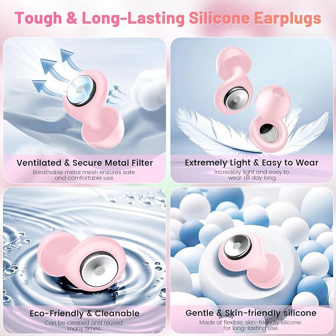 Earplugs for Hearing Protection and Noise Reduction, Sleeping Noise Cancelling, 30dB Soft Silicone Hearing Protection Earplugs, Reusable with Case & 8Eartips for Deep Focus, Light Pink