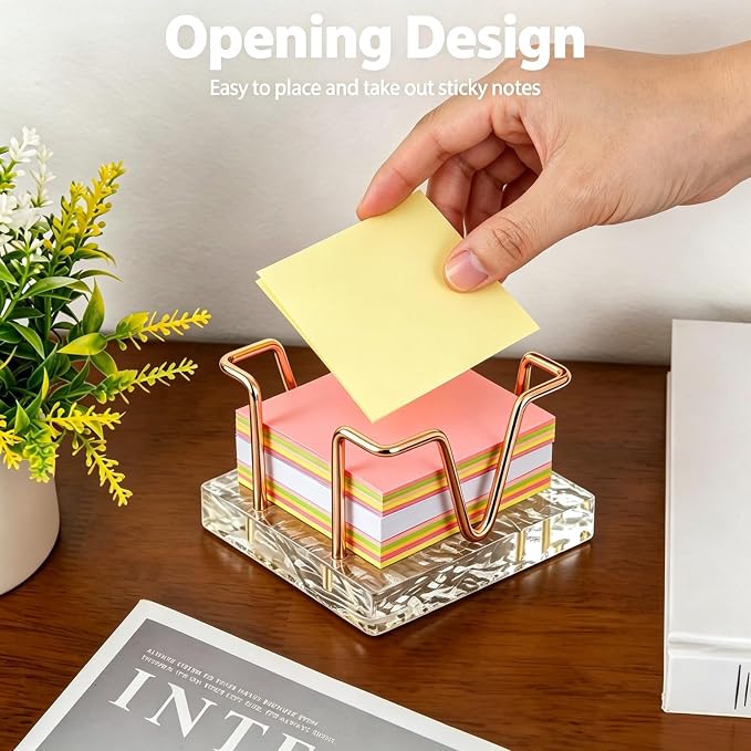 Sticky Note Holder, 3 x 3 inch Self Stick Note Pad Holder, Post It Note Dispenser Desk Accessories for School and Office Desk Organizer, Rose Gold & Clear Acrylic