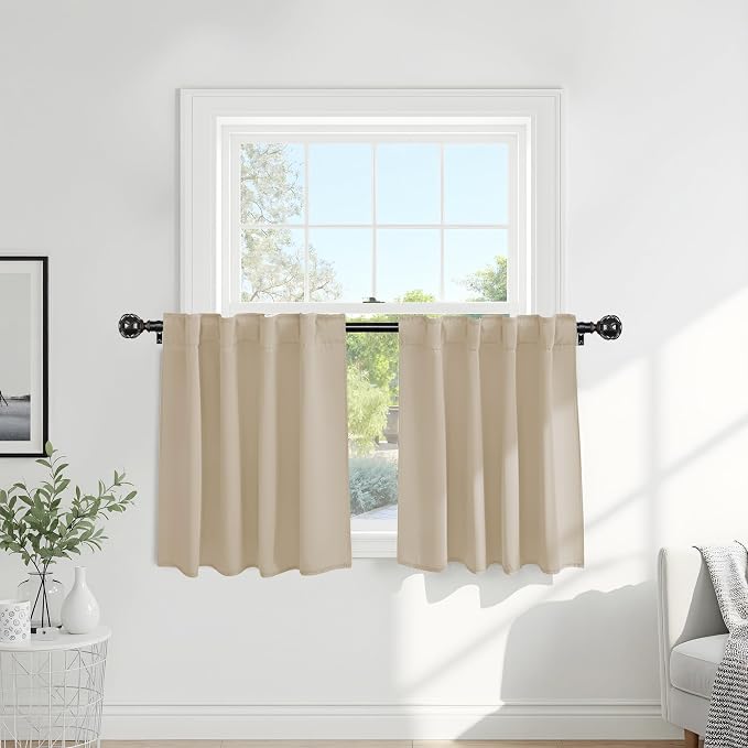 PONY DANCE Thermal Insulated Small Window Curtains Short Drapes for Nursery Bathroom Kitchen Laundry RV Basement, 29 inch Wide by 24 in Long, Biscotti Beige, 2 Panels