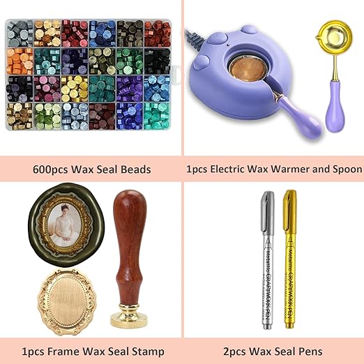 Vintage Embossed Frame Wax Seal Stamp Kit - 3D Relief Frame Seal Stamps with 24-Color Sealing Beads 600pcs, Electric Wax Warmer, Spoon & Pens for Wedding Invitations, Letters (Oval #6)