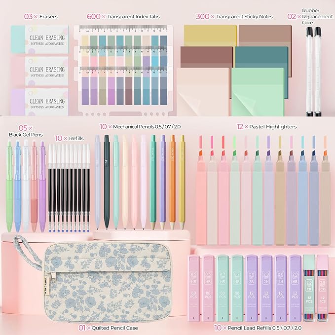 WOBAGMEN 62PCS Aesthetic School Supplies with Quilted Pencil Case, Pastel Highlighters, Gel Pens Mechanical Pencils Set, Cute Back to School Supplies, College Essentials (Blue Floral, M)