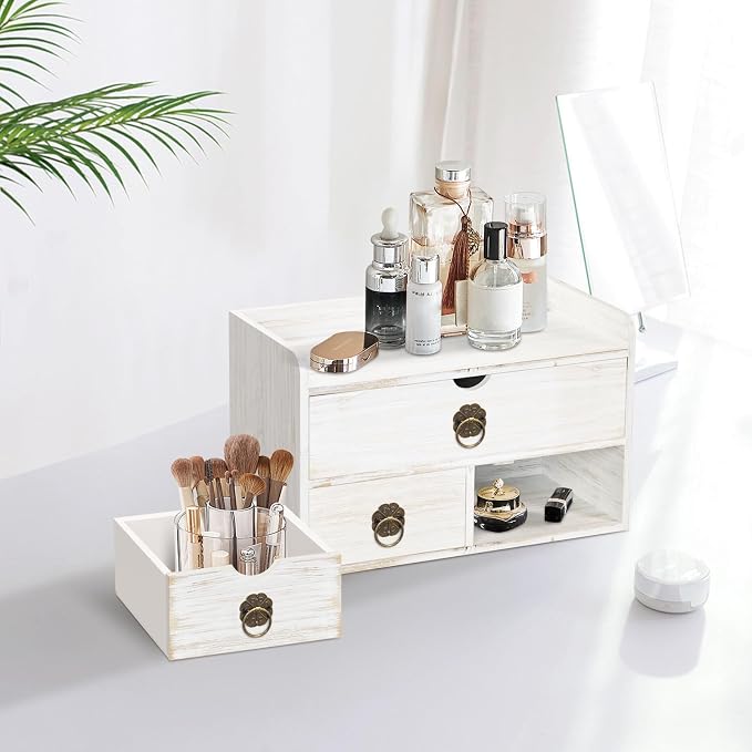 Wood Desk Organizer with Drawer, White Wooden Desktop Organizer, Tabletop Storage Organization Box for Countertop, Home Office Supplies, 13.5x6.6x8.2 Inch(3 Drawer and Shelf)