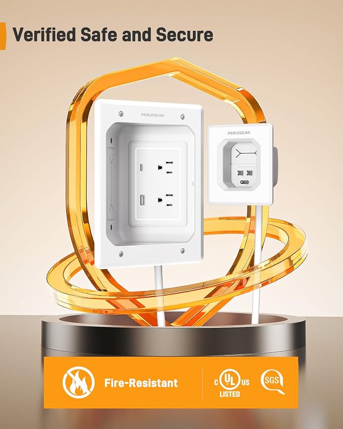 Perlegear in Wall Cable Management Kit, USB & Type C PortsTV Cord Hider & Cable Hider, Wire Hider with Recessed Power, Includes Drill Template, Dust Bag, Drywall Saw, Extension Cable