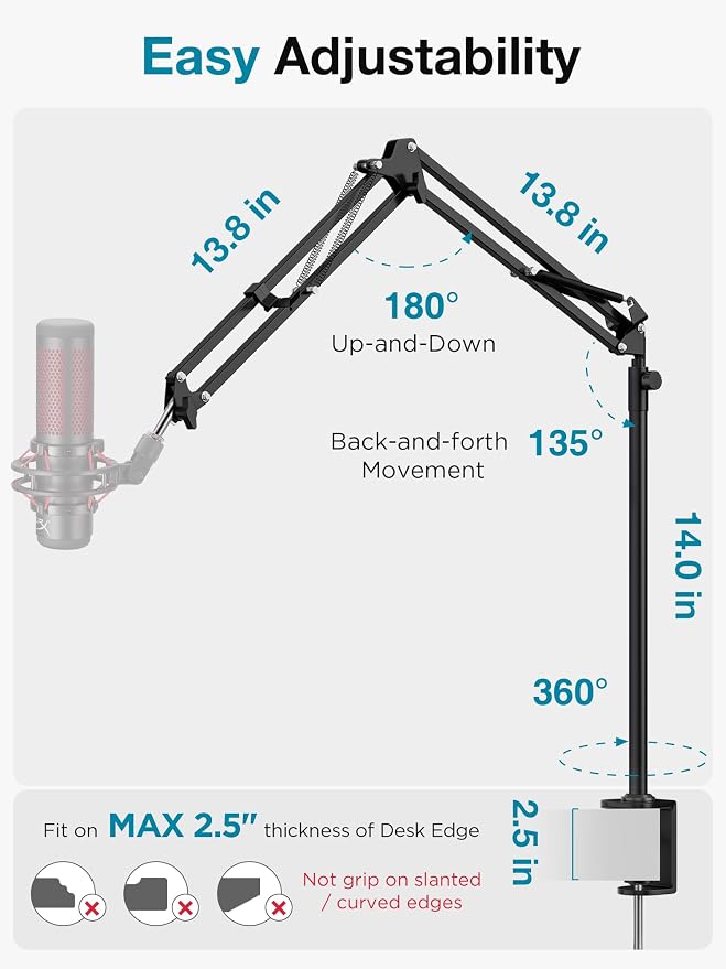InnoGear Desk Mic Stand, 360° Rotatable Overhead Mic Boom Arm Microphone Stands High Riser for Blue Yeti Snowball HyperX QuadCast SoloCast Fifine Shure SM7B and Other Mics