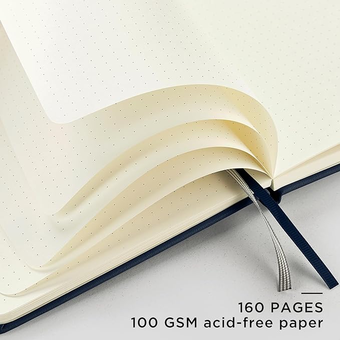 &And Per Se Dotted Journal Notebook, A5 Hardcover Leather Dotted Journal, 160 Pages 100gsm Thick Dot Grid Paper, 3 Sheets of Stickers Included - 5.7'' x 8'' (Dark Blue)