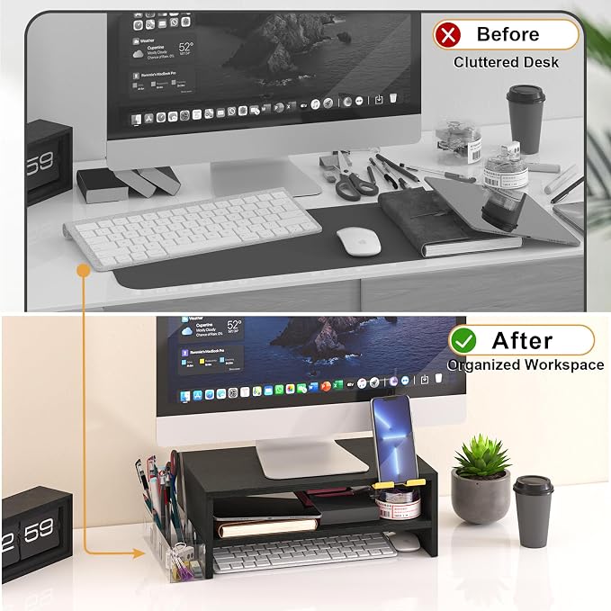TEAMIX 2 Tiers Wood Monitor Stand Riser with Phone Holder & Side Pen Holder | Black Desk Organizer, 15.7L x 9.5W x 5.7 inch, Holds 80 lbs, Laptop/PC/Printer Stand, Ergonomic Design, Home Office Supplies