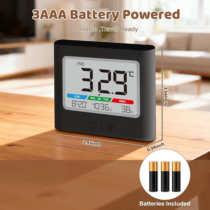 ALANAS Small Battery Operated Alarm Clock, Date Temperature Humidity Diaplay, Compact Travel Digital Clocks, Snooze, Backlight, Wall Mountable, for Student Dorm, Small Spaces, Desk, Shelf
