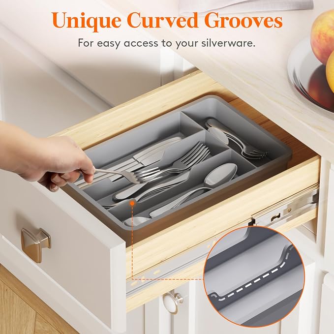 Lifewit Silverware Drawer Organizer Tray, Plastic Cutlery Storage for Kitchen, Flatware and Utensil Holder Divider for Spoons Forks Knives Tableware, 7.8 x 12.4", 4 Slots, Gray