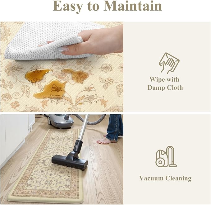 KIMODE Cushioned Kitchen Mats for Floor,Anti Fatigue Kitchen Rug Sets of 2 | Beige,Padded Kitchen Mats,Memory Foam Kitchen Mat Waterproof, Vintage Kitchen Rugs Non Slip for Laundry Office Home Decor