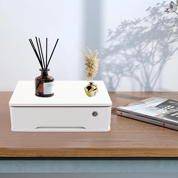 Desktop Storage Box with Lockable Drawer, Office Supplies Drawer Organizer, Wooden Desk Organizer, Small Bamboo Storage Box for Desk, Modern Desktop Drawer Organizer (White)