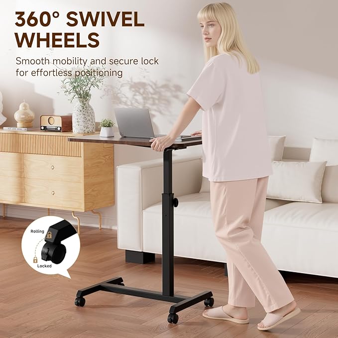 GTPLAYER Small Standing Desk, 24 Inches Mobile Foldable Rolling Laptop PC Table with Lockable Casters, Adjustable Height Overbed Bedside Table Computer Workstation for Home Office, Walnut