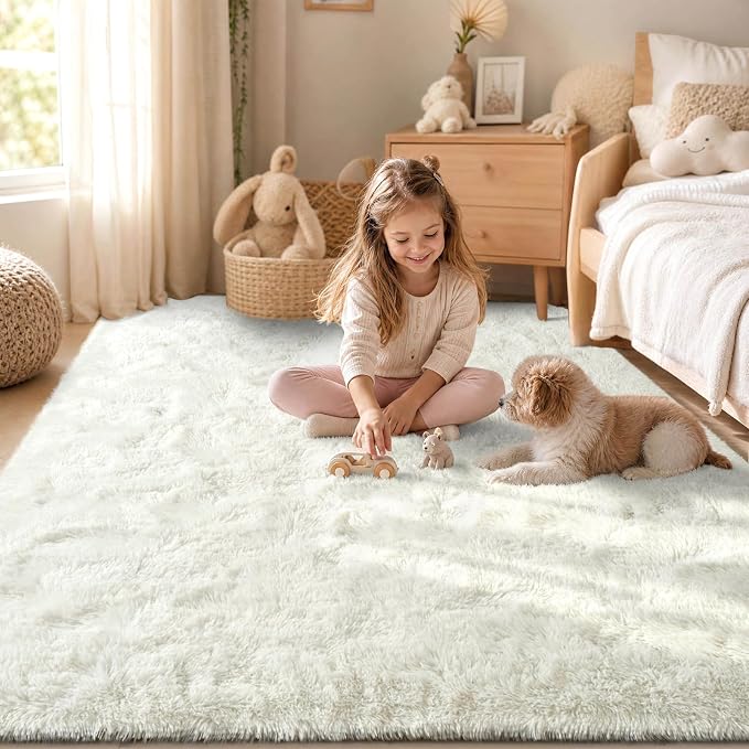 Zentavio Area Rugs for Living Room Small Carpet for Bedroom 3x5 Bedside Washable Soft Fluffy Shag Aesthetic Plush High Pile Throw Rug for Nursery Kids Room Dorm Room White
