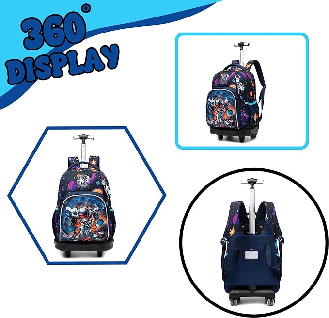 Boys Rolling Backpack for Kids 8-12 Trolley School Bag with Wheels Travel Backpack for Kids with Lunch Bag Back to School Supplies