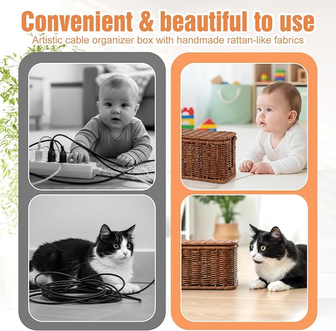 Cable Management Box Handmade Rattan Cable Organizer Stylish Hider Box with 2 Open Slots Desk Decorative Storage for Home Office Power Strips Cord Hider