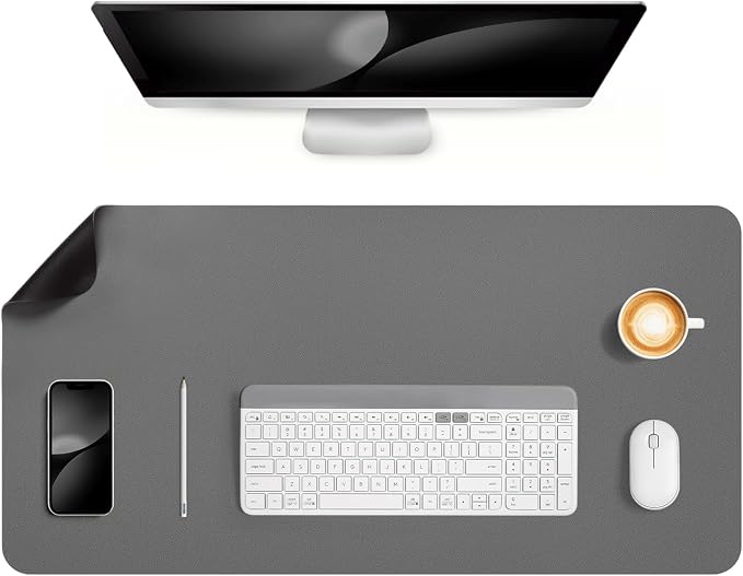 Dual Sided Desk Pad Faux Leather Desk Mat Large Mouse Pad | Desk Pad Protector Non-Slip Waterproof Desk Mouse Pad for Writing Desk, Office, Home(Black Gray 31.5"X15.7")