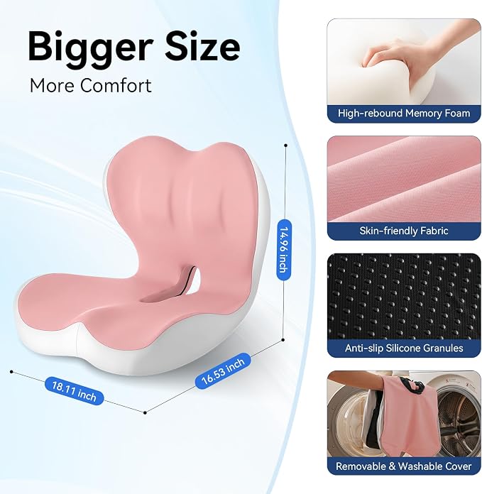 Seat Cushion for Office Chair and Car, Lumbar Support Pillow for Chair | Memory Foam Ergonomic Orthopedic Cushion Relieve Tailbone Sciatica Lower Back Pain for Office Desk Chair, Car, Truck, Pink
