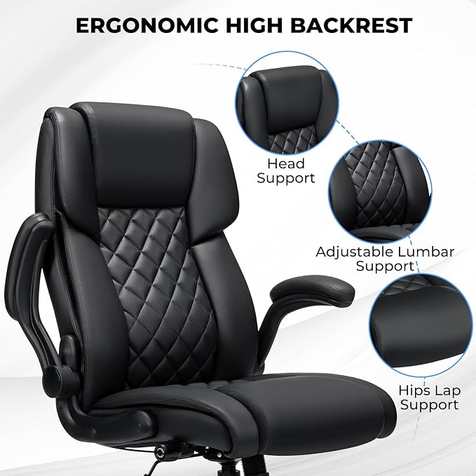 VANSPACE Executive Office Chair Big and Tall 450lbs Heavy Duty Desk Chairs with Adjustable Lumbar Support High Back Home Computer Leather Chair with Flip-up Armrests for Heavy People,Black