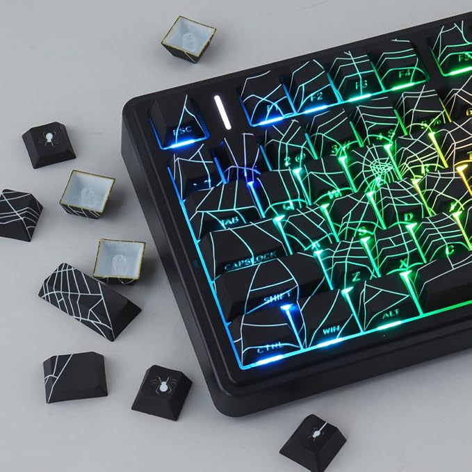 Tsungup Keycaps 130 Keys PBT Cool Spider Web Side Print Custom Keycaps,Cherry Profile Key Caps Keyboard Keycap Set for Cherry MX Switches Mechanical Keyboard(Black)