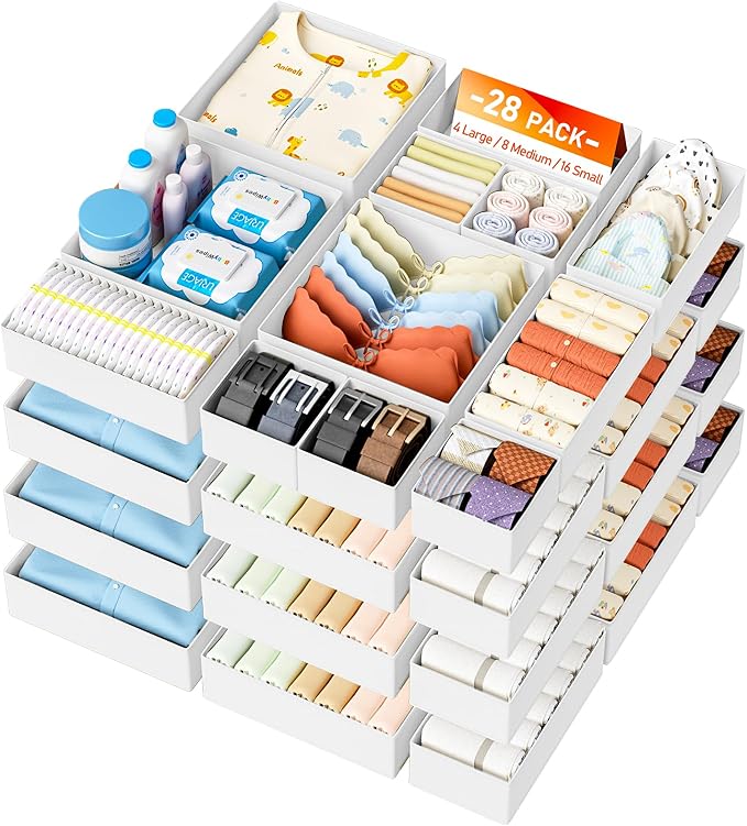DIMJ Drawer Organizer Clothes 28 Pack - Foldable Baby Organizers and Storage & Closet Organizers for Bedroom, Closet - Nursery Organization Dresser Dividers for underwear, Sock,Bra, Belt, Tie,White