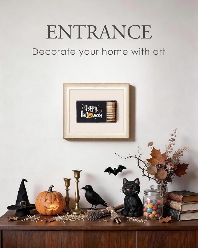 VIYYIEA Framed Wall Art for Living Room, Happy Halloween Matchbox Pumpkin Bats Canvas Painting, Spooky Gothic Aesthetic Creepy Seasonal Home Decor for Bedroom Bathroom, 10×12inch
