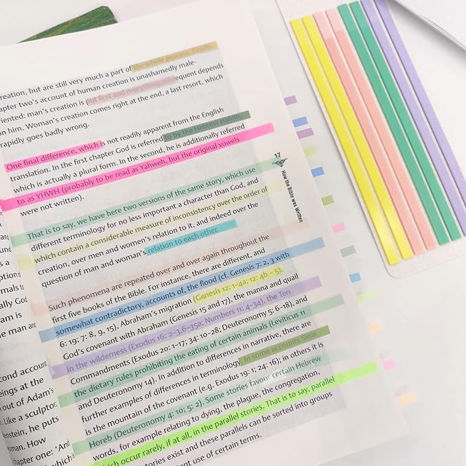 Potanro Sticky Long Tabs 6 Sheet Highlighter Tape 960 Pcs Translucent Sticky Notes Tabs for Annotating Books Bible Study Supplies