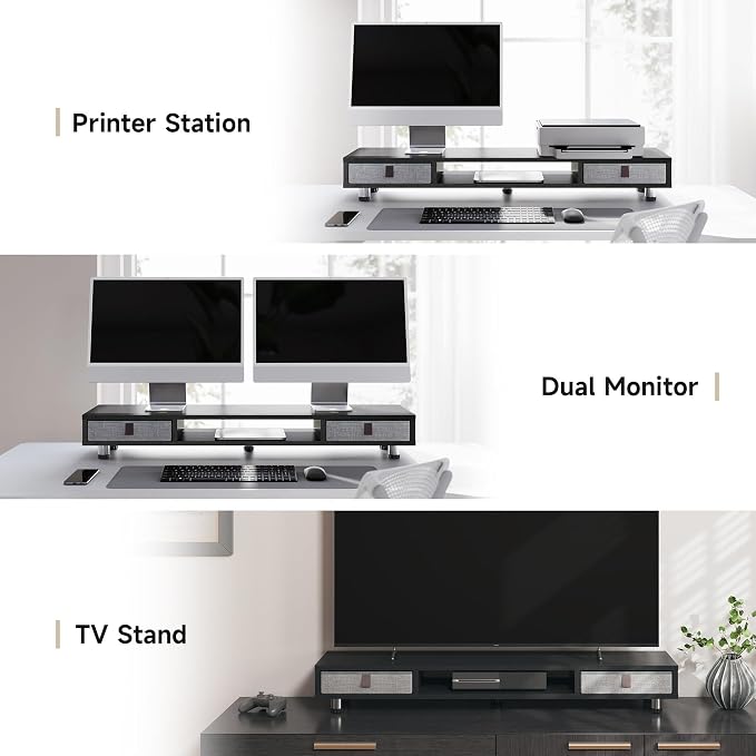 Fenge Dual Monitor Stand, 2-Tier Desk Organizer with Drawers, 42.5in, Black | Storage Fabric Drawer, Ergonomic Height Adjustable, Desk Shelf for Top of Desk, Laptop, PC, TV, Home Office Organization