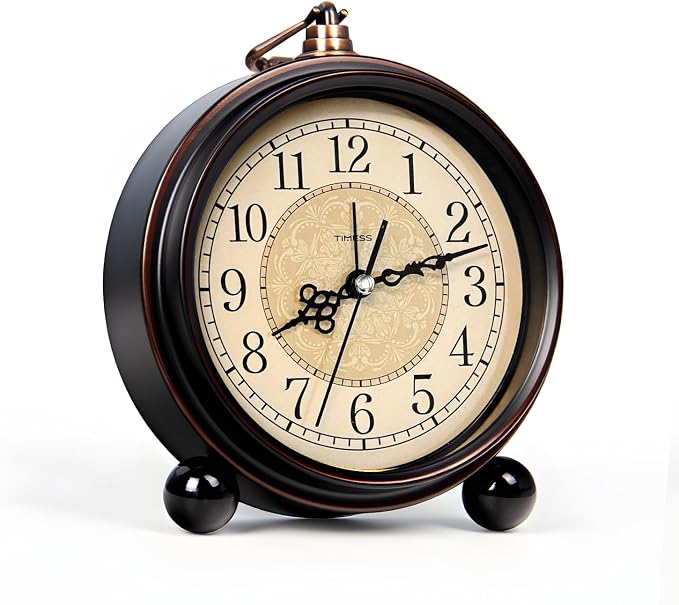 TIMESS Vintage Analog Alarm Clock, 4.3" Silent Non-Ticking Quartz Desk Clock, Battery Operated Table Clock for Bedroom, Living Room, Office, or Gift