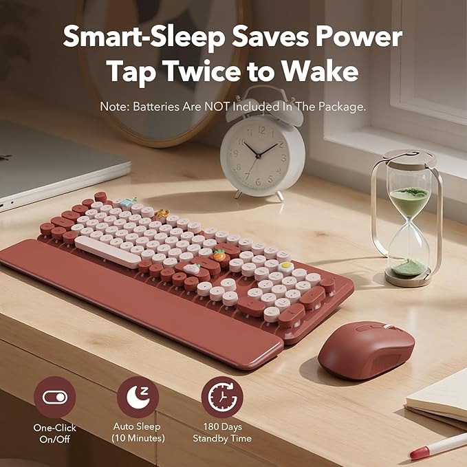 Wireless Keyboard and Mouse Combo, Wine Red Retro Typewriter-Style Keyboard with Round Keycaps and Magnetic Wrist Rest, 2.4G USB Wireless for Windows PC Laptop Desktop, Home Office School Essentials