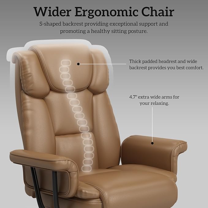 GYI 160 Reclining Office Chair with Footrest, Big & Tall Desk Chair, Brown | Cross Legged Seat, High Back, Faux Leather, Heavy Duty Base, Adjustable Height, for Home, Executive