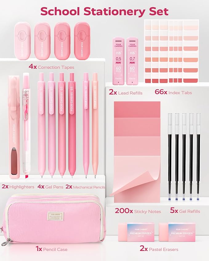 Four Candies Pink School Supplies with Case, Gel Pens with Black Ink, Correction Tapes, Pastel Highlighters, Mechanical Pencils, Sticky Notes, Index Post for Bible Study Stationary College Essentials