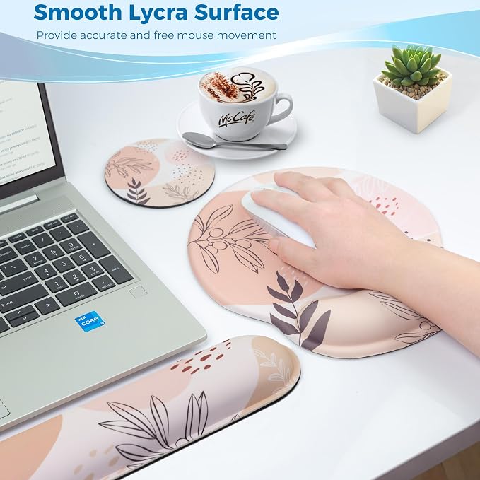 Mouse Pad and Keyboard Wrist Rest Support, with Non-Slip PU Base,Gel Mouse Pad with Coaster,Pain Relief for Gaming, Computer,Office -Boho Leaves