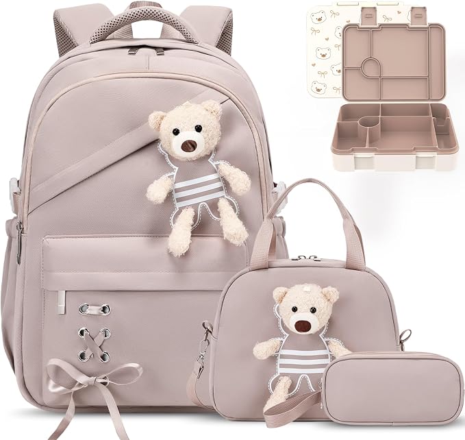ACESAK Backpack for Girls with Bento Box - 4 PCS Cute Girls Backpack with Lunch Box, Pencil Case & Bento Box Set - 43oz Leakproof Lunch Box Kids Snack Containers Set Back to School Supplies (Khaki)