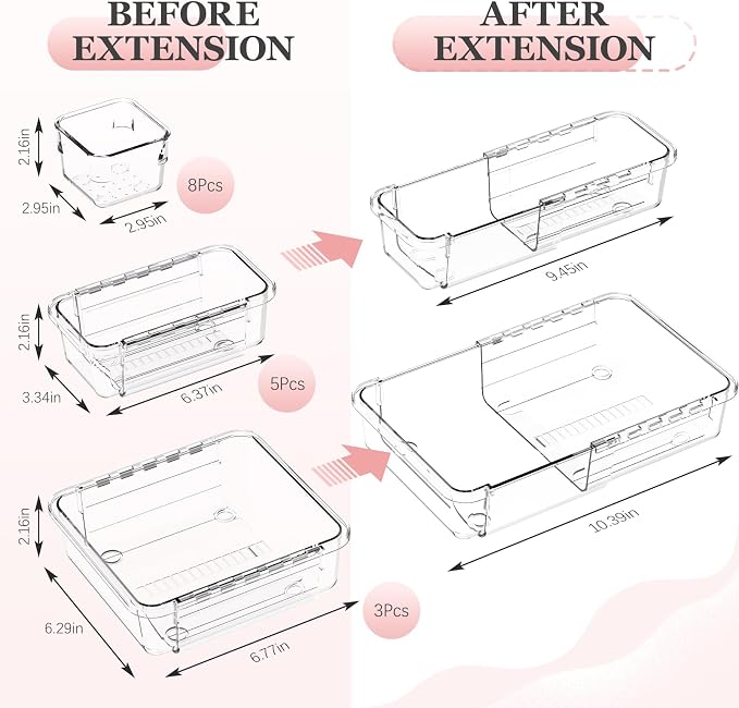 DILIBRA 16 Pcs Clear Extendable Drawer Organizer, Adjustable Drawer Storage | 3-Size Desk Drawer Organizer, Plastic Non-Slip Storage Bins for Makeup Cosmetic Jewelries Utensils Stationery Dressers Tool