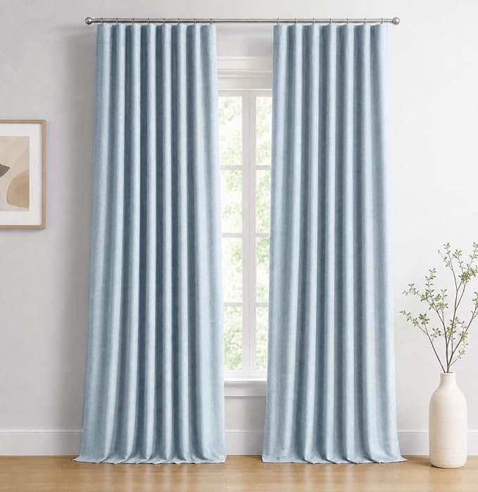 INOVADAY 100% Blackout Curtains for Bedroom, Black Out Curtains 90 Inch Long, Clip Rings Linen Blackout Drapes, Thermal Insulated Room Darkening for Living Room, 2 Panels - Chambray Blue,W50xL90