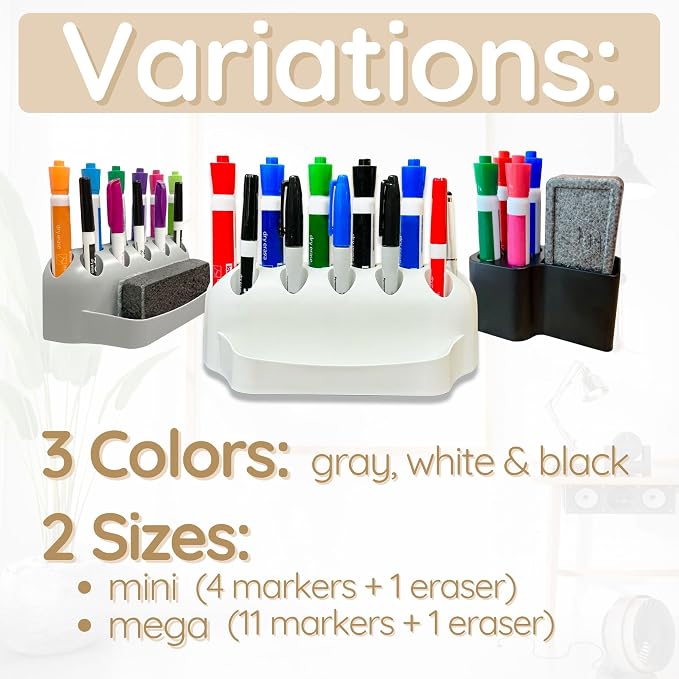 Whiteboard Marker Holder Magnetic - Dry Erase Marker Organizer with Adhesive Mount - Office Supplies Organizer for Classroom, School, Fridge - Made in USA, Black 2 Pack