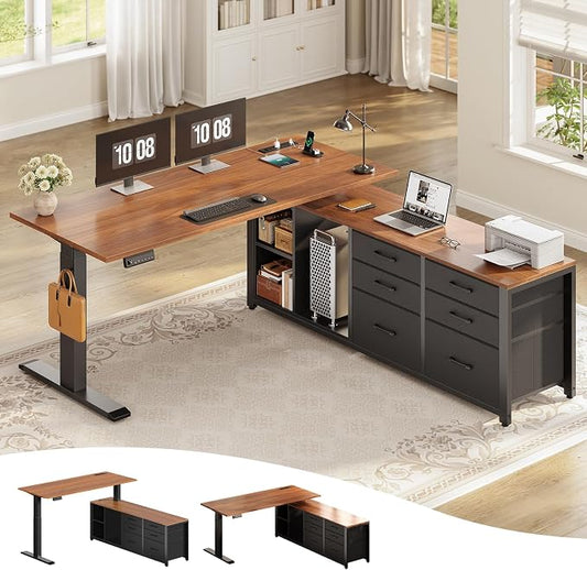 SEDETA L Shaped Electric Standing Desk, 55" x 55" Height Adjustable Corner Office Desk with 6 Fabric Drawers and Storage Shelves, Stand up Home Office Desk with Power Outlet, Black and Brown