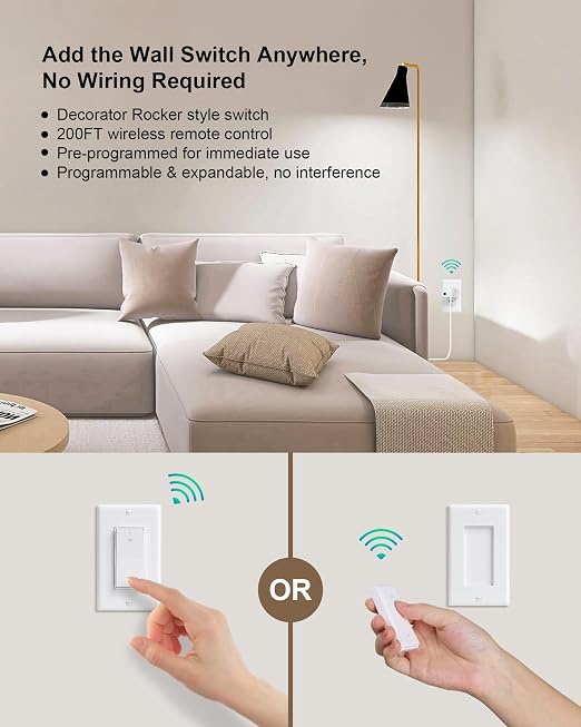 Remote Control Outlet, Decorator Rocker Wall Switch, 200FT Long Range Wireless Light Switch, Mini Remote Outlet Plug, 15A/1875W High-Power for Lamps, Lights, Household Appliances, ETL Listed