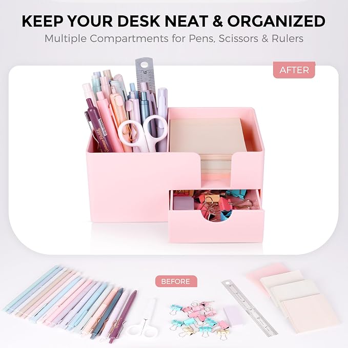 SKYDUE Small Desk Organizer with Drawer | 3 Compartments, Desk Pen Holder, For Home, School, Classroom & Office