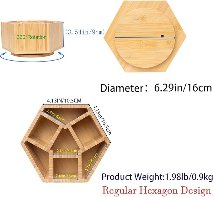 360° Rotating Bamboo Desk Organizer Hexagon | Wooden Desktop Storage, For Artists, Office Supplies, Makeup Brushes, Minimalist Desk Accessory