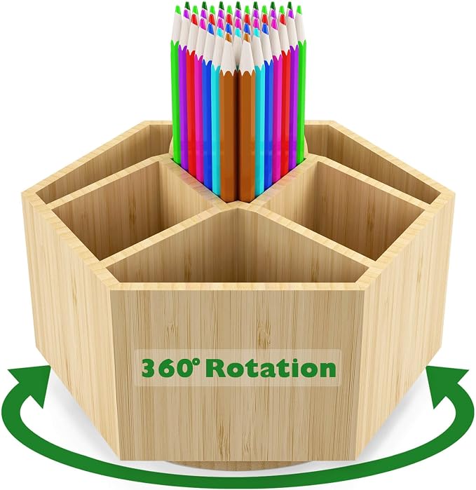Bamboo Art Supply Organizer,Rotating Pencil Holder Back to School Supplies | Hold 350+ Pencils, for Pen, Colored Pencil, Art Brushes, Desktop Storage Caddy for Classroom & Art Studio