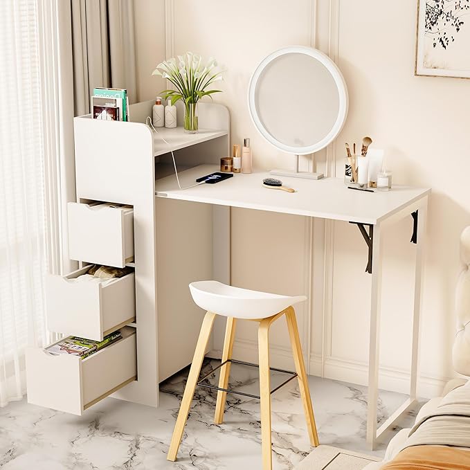 LAUSAINT HOME Wall Mounted Foldable Desk, Space Saving Hidden Desk with Storage & Power Outlet, Fold Out Table for Small Spaces, Home Office Bedroom, White